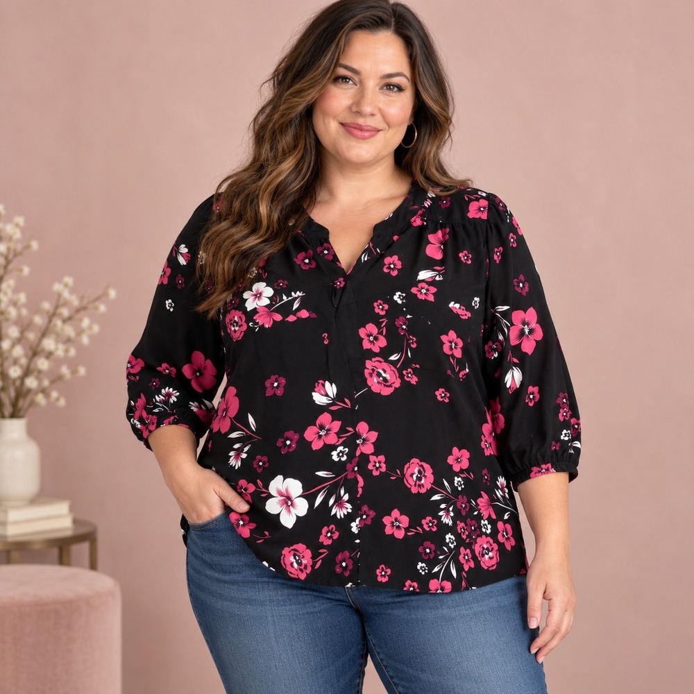 Elle Vienne Black Floral Split Neck Top Women's XL Coquette Corpcore Twee Chic